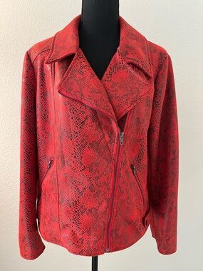 V Cristina Red Black Snakeskin Print Soft Biker Moto Jacket Large Vintage